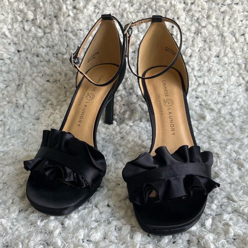 Chinese Laundry Black Satin Ruffle Strap Heel - 6
